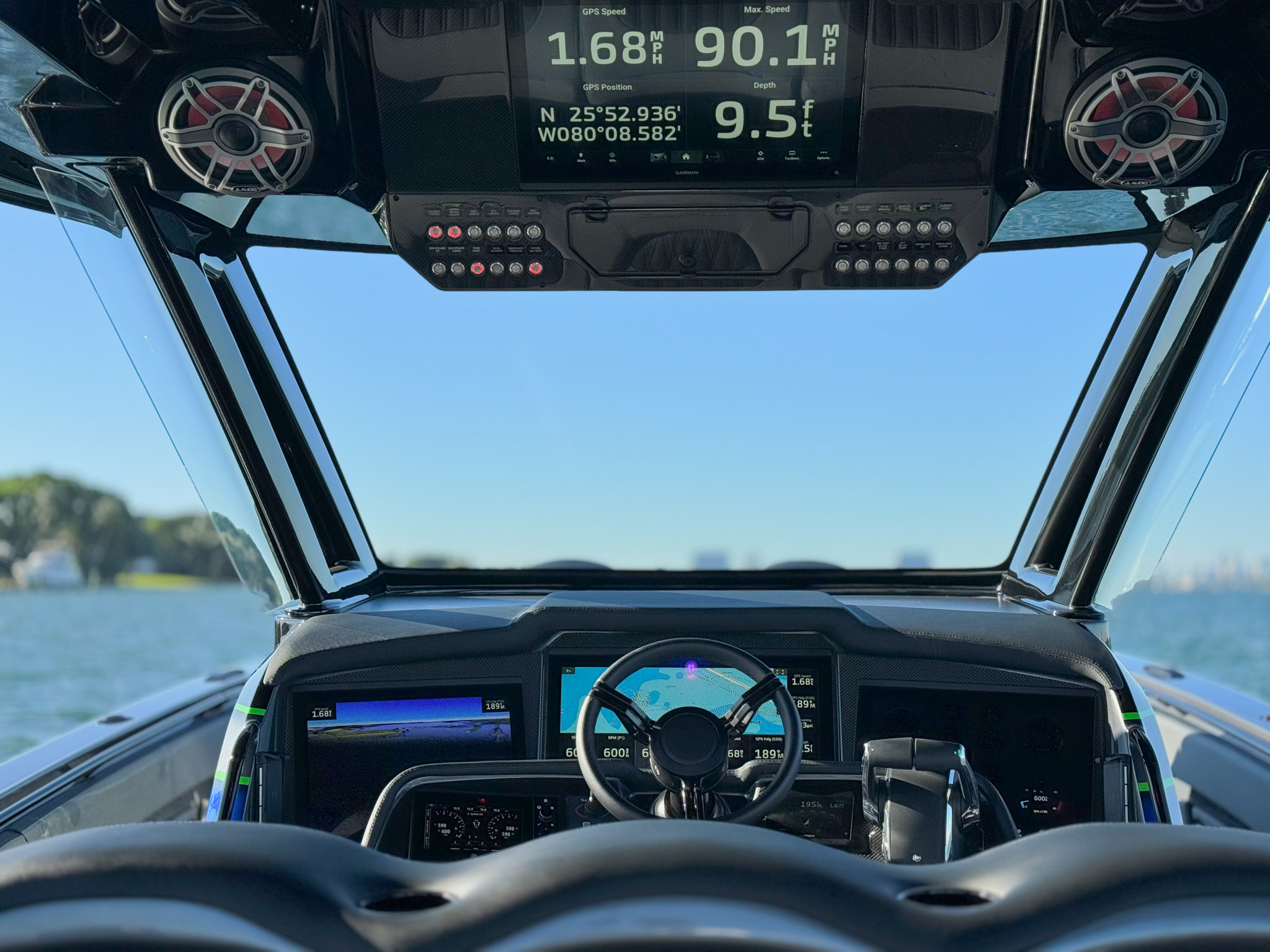 Performance boat helm detail — throttles and gauges
